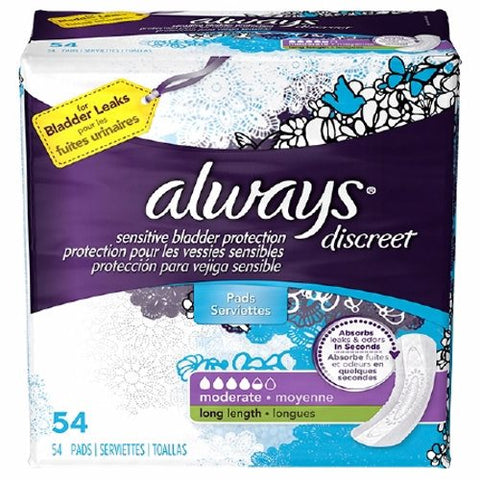 Always Discreet, Bladder Control Pad Always  Discreet Moderate Absorbency DualLock Core One Size Fits Most Adult Fema, Pack Of 54